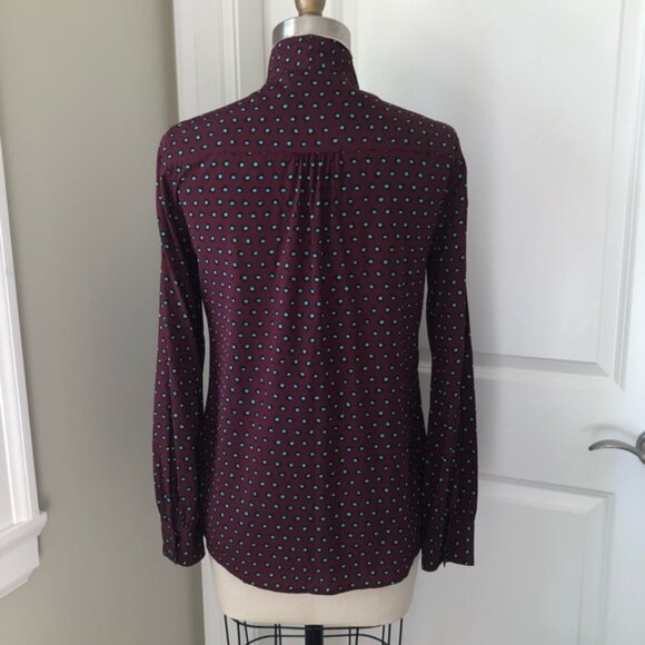 DKNY Burgundy Red Green Dots Print Silk Button Down Shirt - Picture 2 of 7